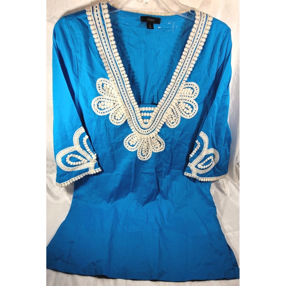 J.Crew Women's 3/4 Sleeve Embroidered Detail Swimsuit Coverup Tunic - Blue - S